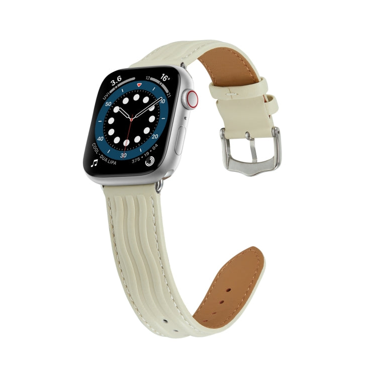 Embossed Line Genuine Leather Watch Band For Apple Watch 6 44mm(Milky White) - Watch Bands by PMC Jewellery | Online Shopping South Africa | PMC Jewellery