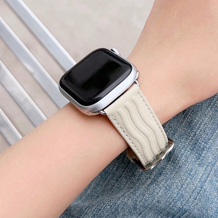 Embossed Line Genuine Leather Watch Band For Apple Watch 6 44mm(Milky White) - Watch Bands by PMC Jewellery | Online Shopping South Africa | PMC Jewellery