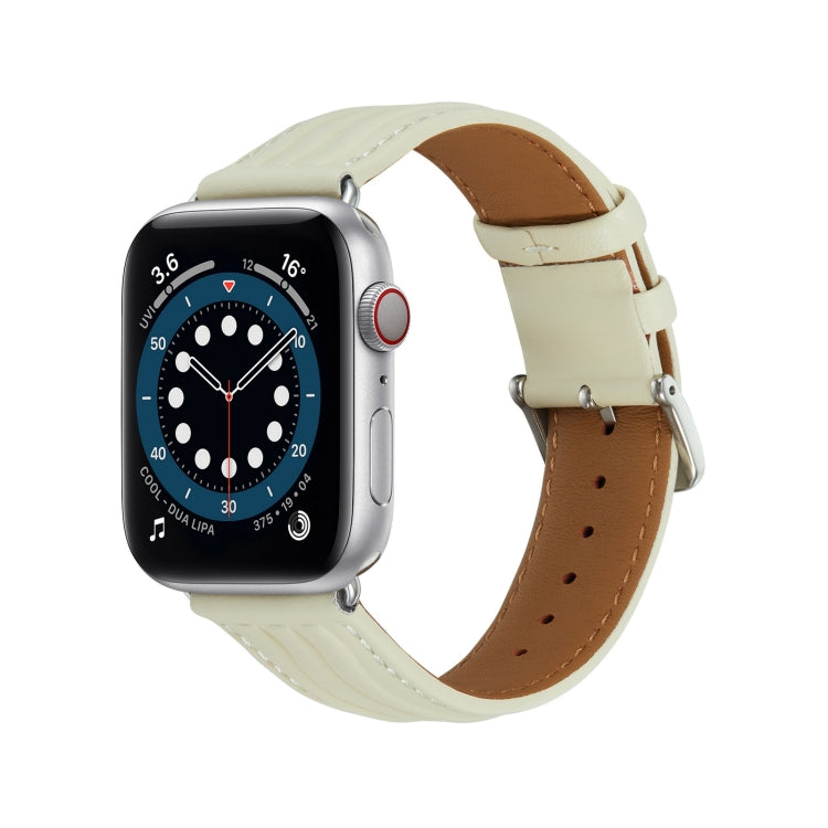 Embossed Line Genuine Leather Watch Band For Apple Watch 5 44mm(Milky White) - Watch Bands by PMC TechLife | Online Shopping South Africa | PMC TechLife