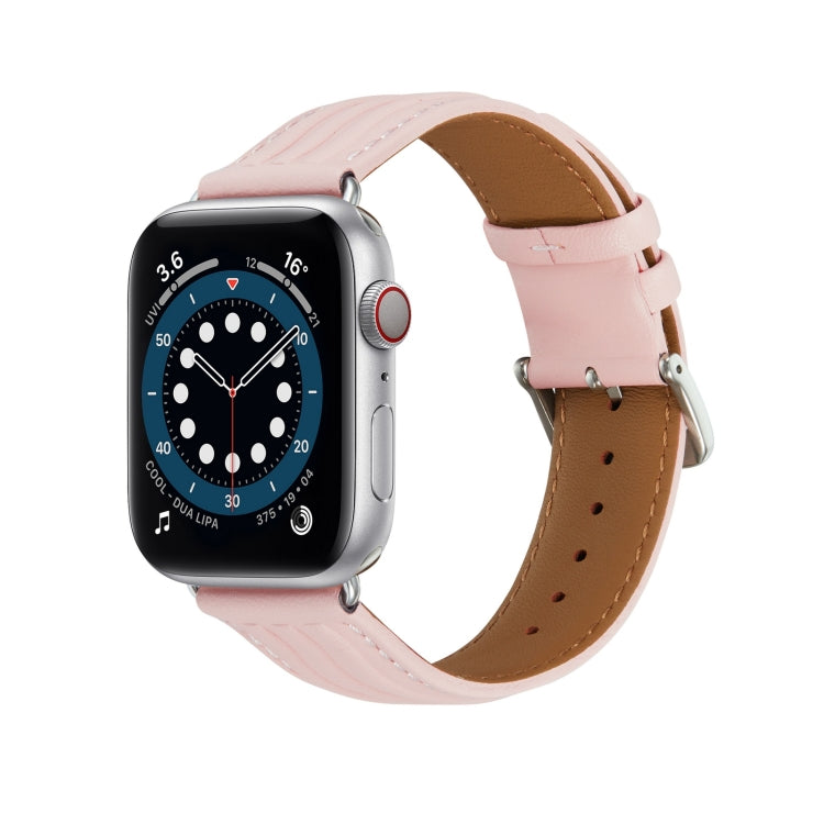 Embossed Line Genuine Leather Watch Band For Apple Watch 3 42mm(Pink) - Watch Bands by PMC TechLife | Online Shopping South Africa | PMC TechLife
