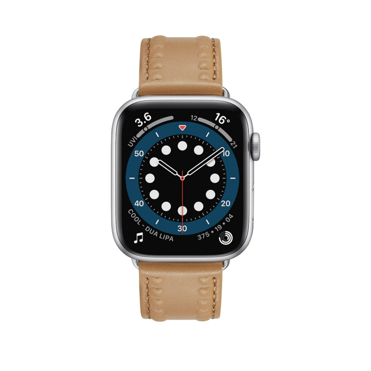 Embossed Love Genuine Leather Watch Band For Apple Watch 7 45mm(Khaki) - Watch Bands by PMC TechLife | Online Shopping South Africa | PMC TechLife
