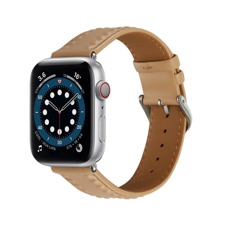 Embossed Love Genuine Leather Watch Band For Apple Watch 6 44mm(Khaki) - Watch Bands by PMC TechLife | Online Shopping South Africa | PMC TechLife