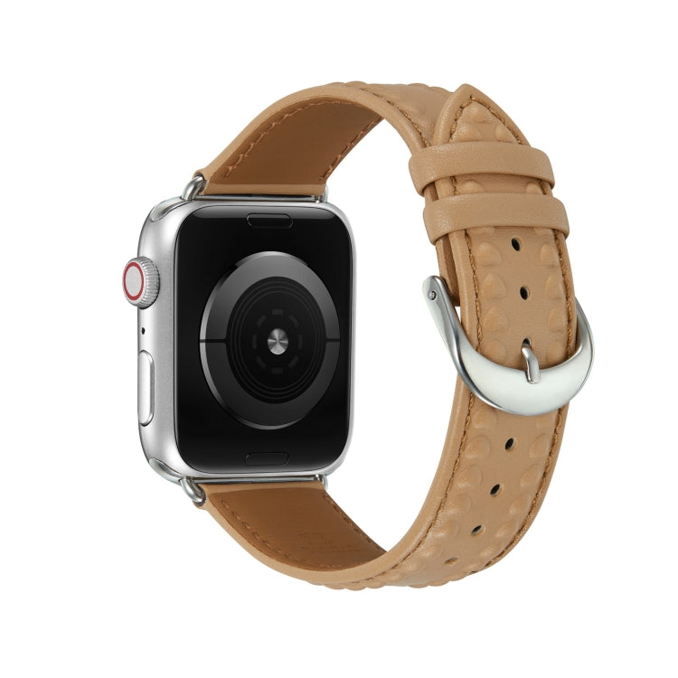 Embossed Love Genuine Leather Watch Band For Apple Watch 6 44mm(Khaki) - Watch Bands by PMC TechLife | Online Shopping South Africa | PMC TechLife