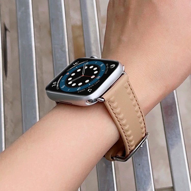 Embossed Love Genuine Leather Watch Band For Apple Watch 6 44mm(Khaki) - Watch Bands by PMC TechLife | Online Shopping South Africa | PMC TechLife