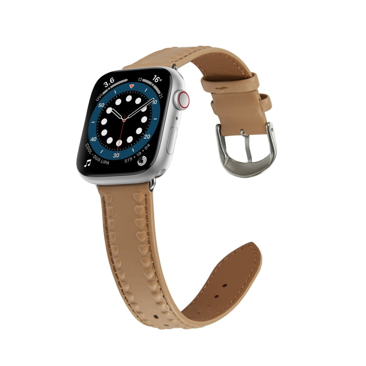 Embossed Love Genuine Leather Watch Band For Apple Watch 42mm(Khaki) - Watch Bands by PMC TechLife | Online Shopping South Africa | PMC TechLife