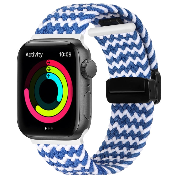 Magnetic Fold Clasp Woven Watch Band For Apple Watch 7 45mm(Blue White) - Watch Bands by PMC Jewellery | Online Shopping South Africa | PMC Jewellery