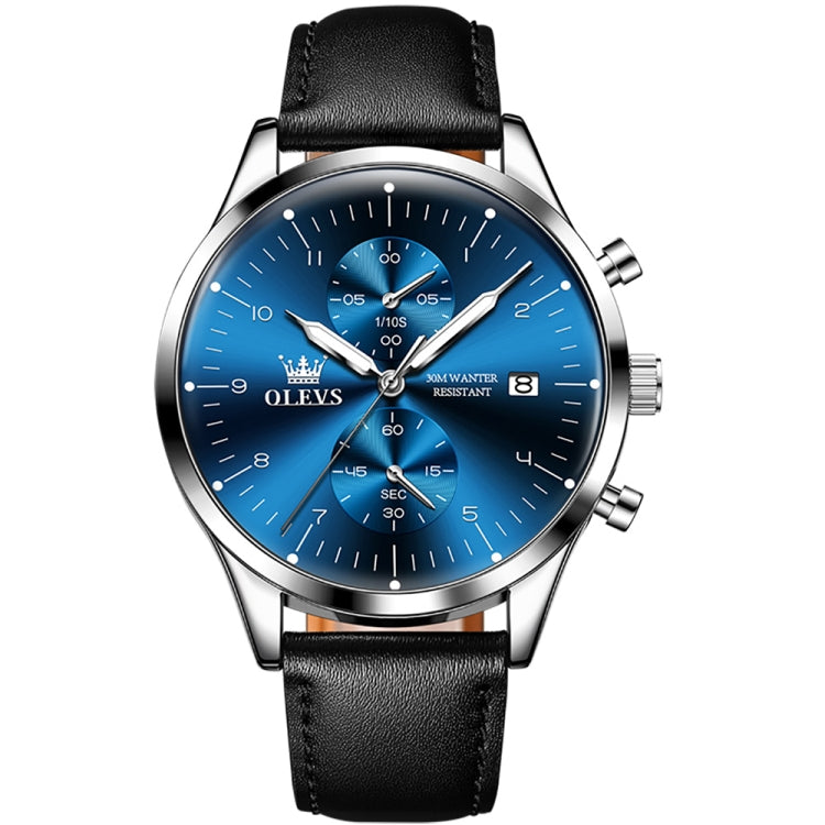 OLEVS 2880 Men Multifunctional Business Waterproof Leather Strap Quartz Watch(Blue) - Leather Strap Watches by OLEVS | Online Shopping South Africa | PMC Jewellery | Buy Now Pay Later Mobicred