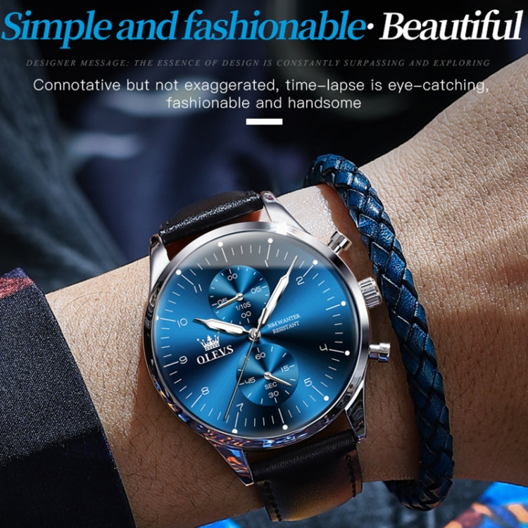 OLEVS 2880 Men Multifunctional Business Waterproof Leather Strap Quartz Watch(Blue) - Leather Strap Watches by OLEVS | Online Shopping South Africa | PMC Jewellery | Buy Now Pay Later Mobicred