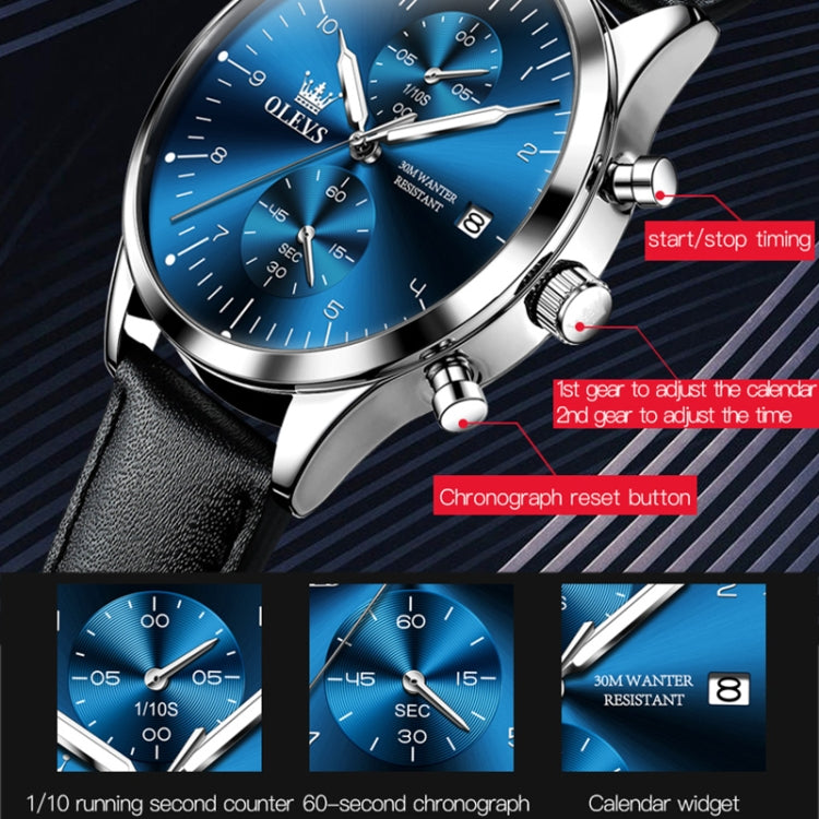 OLEVS 2880 Men Multifunctional Business Waterproof Leather Strap Quartz Watch(Blue) - Leather Strap Watches by OLEVS | Online Shopping South Africa | PMC Jewellery | Buy Now Pay Later Mobicred