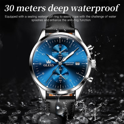 OLEVS 2880 Men Multifunctional Business Waterproof Leather Strap Quartz Watch(Blue) - Leather Strap Watches by OLEVS | Online Shopping South Africa | PMC Jewellery | Buy Now Pay Later Mobicred