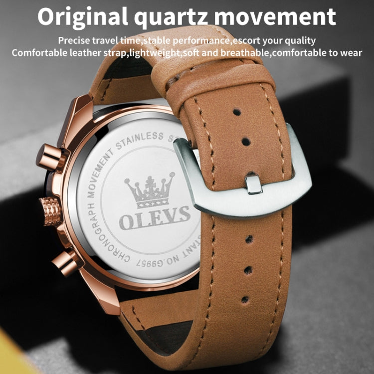 OLEVS 9957 Men Luminous Waterproof Leather Strap Quartz Watch(Black + Rose Gold) - Leather Strap Watches by OLEVS | Online Shopping South Africa | PMC Jewellery