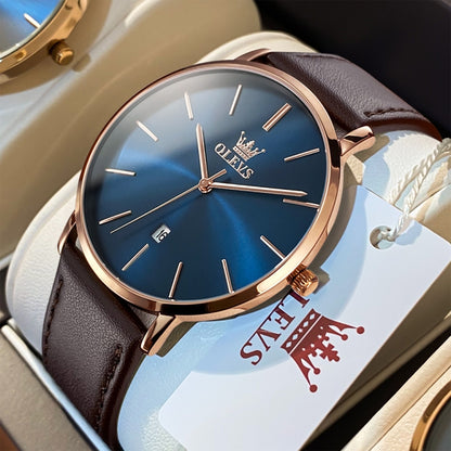 OLEVS 5869 Men Business Waterproof Genuine Leather Strap Quartz Watch(Blue + Rose Gold) - Leather Strap Watches by OLEVS | Online Shopping South Africa | PMC Jewellery