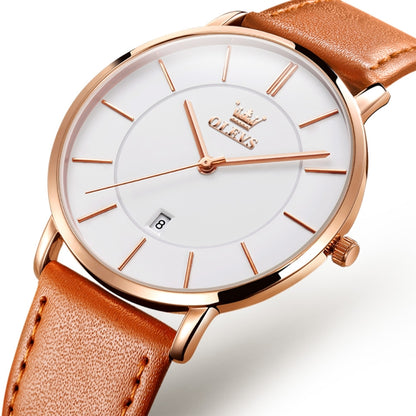 OLEVS 5869 Men Business Waterproof Genuine Leather Strap Quartz Watch(White + Brown) - Leather Strap Watches by OLEVS | Online Shopping South Africa | PMC Jewellery