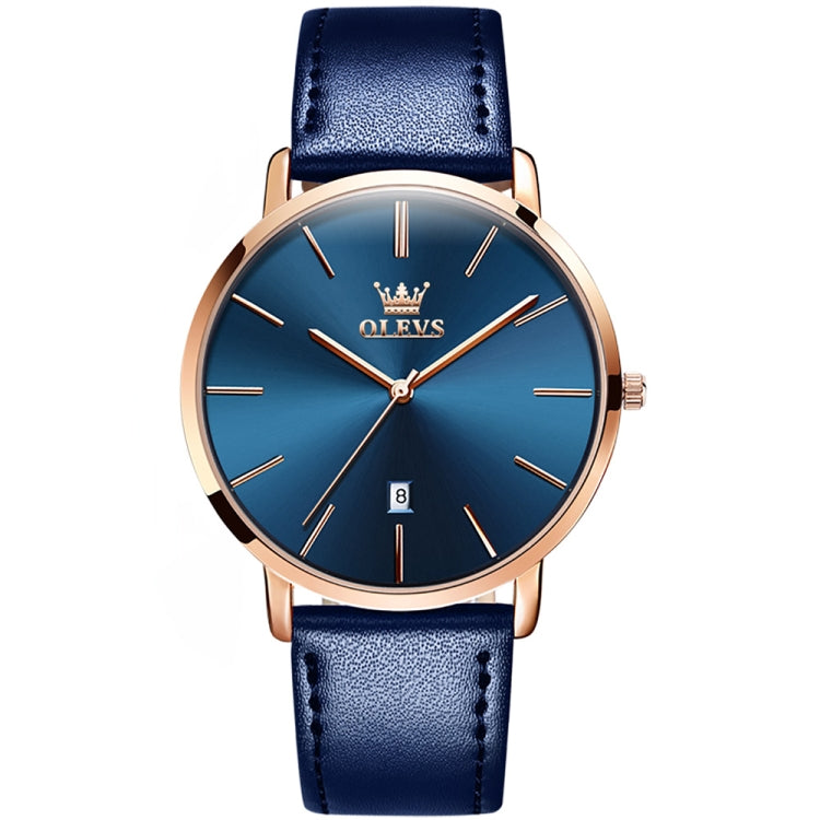 OLEVS 5869 Men Business Waterproof Genuine Leather Strap Quartz Watch(Blue + Blue) - Leather Strap Watches by OLEVS | Online Shopping South Africa | PMC Jewellery