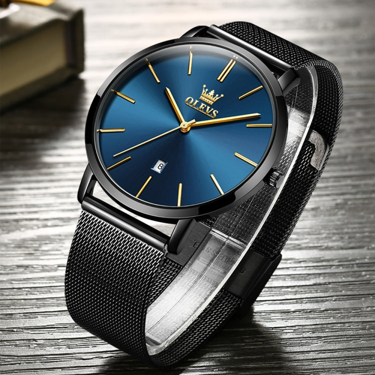 OLEVS 5869 Men Business Waterproof Steel Strap Quartz Watch(Blue + Black) - Metal Strap Watches by OLEVS | Online Shopping South Africa | PMC Jewellery