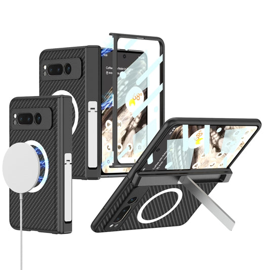 For Google Pixel Fold GKK Integrated Magsafe Fold Hinge Full Coverage Leather Phone Case with Holder(Carbon Fibre Black) - Google Cases by GKK | Online Shopping South Africa | PMC Jewellery