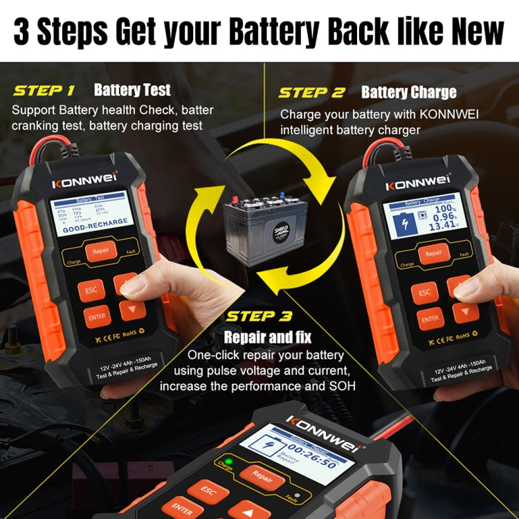 KONNWEI KW520 12V / 24V 3 in 1 Car Battery Tester with Detection & Repair & Charging Function(EU Plug) - Code Readers & Scan Tools by KONNWEI | Online Shopping South Africa | PMC TechLife | Buy Now Pay Later Mobicred