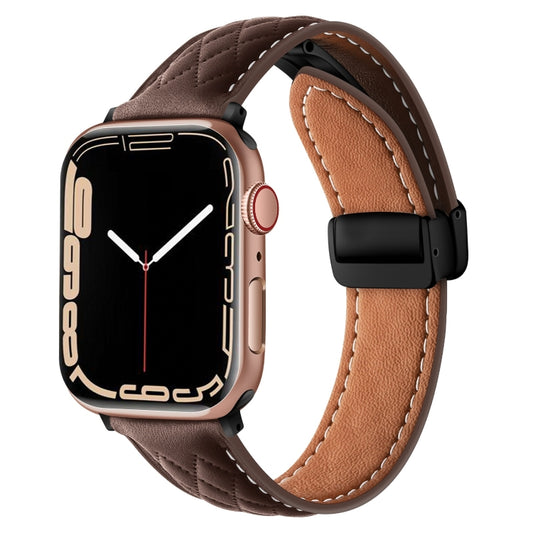 For Apple Watch SE 2022 44mm Folding Buckle Rhombus Leather Watch Band(Coffee) - Watch Bands by PMC Jewellery | Online Shopping South Africa | PMC Jewellery