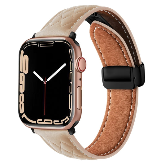 For Apple Watch 7 41mm Folding Buckle Rhombus Leather Watch Band(Apricot) - Watch Bands by PMC Jewellery | Online Shopping South Africa | PMC Jewellery