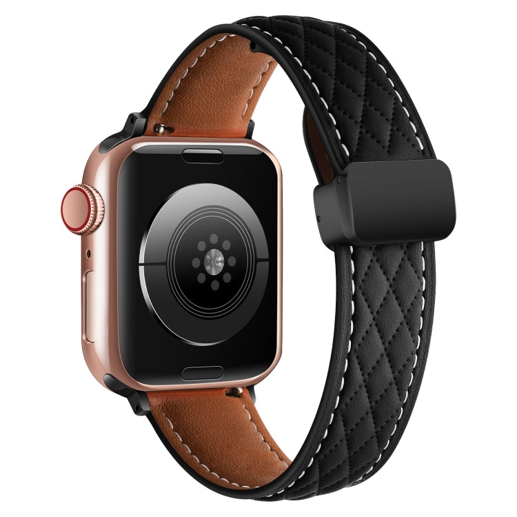 For Apple Watch 7 45mm Folding Buckle Rhombus Leather Watch Band(Black) - Watch Bands by PMC TechLife | Online Shopping South Africa | PMC TechLife
