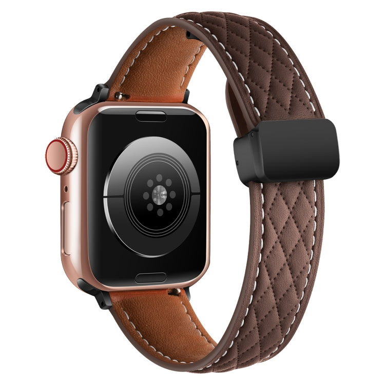 For Apple Watch 7 45mm Folding Buckle Rhombus Leather Watch Band(Coffee) - Watch Bands by PMC TechLife | Online Shopping South Africa | PMC TechLife