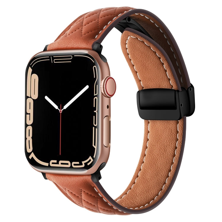 For Apple Watch SE 44mm Folding Buckle Rhombus Leather Watch Band(Brown) - Watch Bands by PMC Jewellery | Online Shopping South Africa | PMC Jewellery