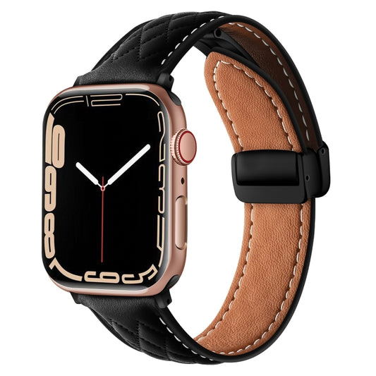 For Apple Watch 42mm Folding Buckle Rhombus Leather Watch Band(Black) - Watch Bands by PMC Jewellery | Online Shopping South Africa | PMC Jewellery