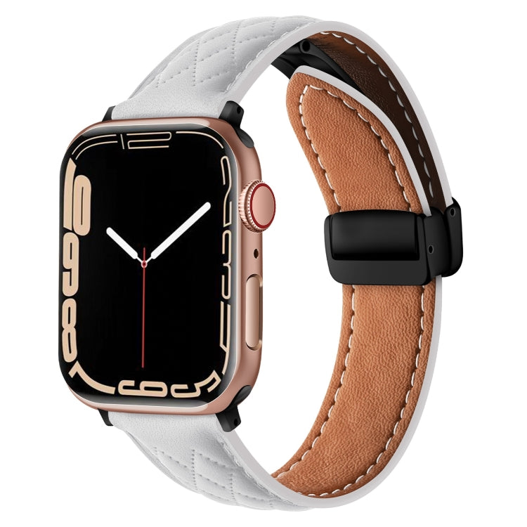 For Apple Watch 42mm Folding Buckle Rhombus Leather Watch Band(White) - Watch Bands by PMC TechLife | Online Shopping South Africa | PMC TechLife