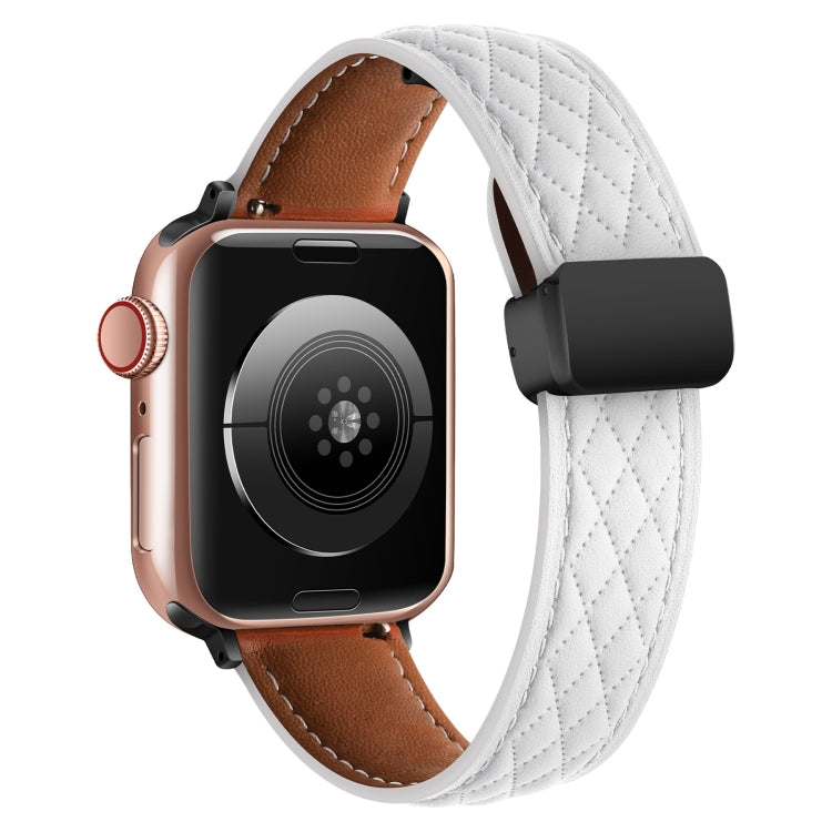 For Apple Watch 42mm Folding Buckle Rhombus Leather Watch Band(White) - Watch Bands by PMC TechLife | Online Shopping South Africa | PMC TechLife