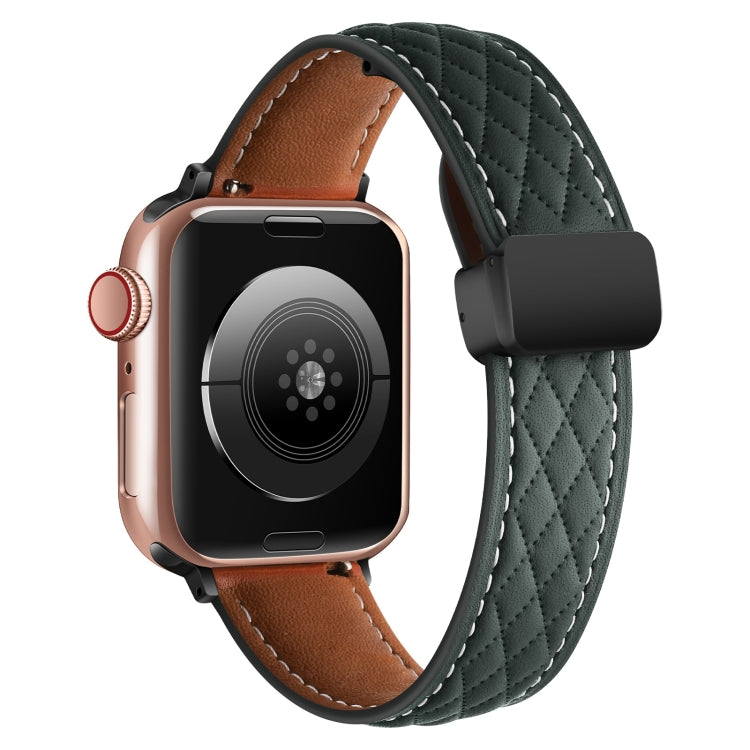 For Apple Watch 38mm Folding Buckle Rhombus Leather Watch Band(Green) - Watch Bands by PMC TechLife | Online Shopping South Africa | PMC TechLife