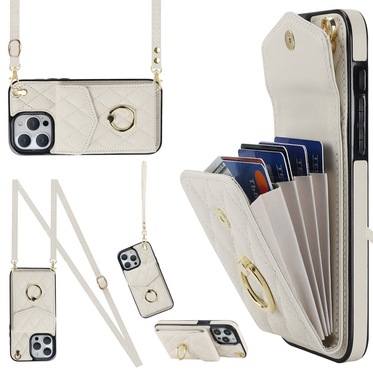 For iPhone 15 Plus Rhombic Texture Card Bag Phone Case with Long Lanyard(White) - iPhone 15 Plus Cases by PMC TechLife | Online Shopping South Africa | PMC TechLife | Buy Now Pay Later Mobicred
