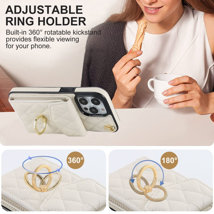 For iPhone 15 Plus Rhombic Texture Card Bag Phone Case with Long Lanyard(White) - iPhone 15 Plus Cases by PMC TechLife | Online Shopping South Africa | PMC TechLife | Buy Now Pay Later Mobicred