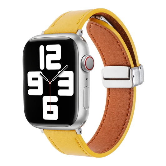 For Apple Watch 42mm Magnetic Buckle Skin Feel Leather Watch Band(Yellow) - Watch Bands by PMC Jewellery | Online Shopping South Africa | PMC Jewellery