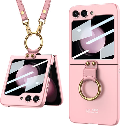 For Samsung Galaxy Z Flip5 GKK Ultra-thin PC Full Coverage Ring Holder Phone Case with Strap(Pink) - Galaxy Z Flip5 Cases by GKK | Online Shopping South Africa | PMC Jewellery