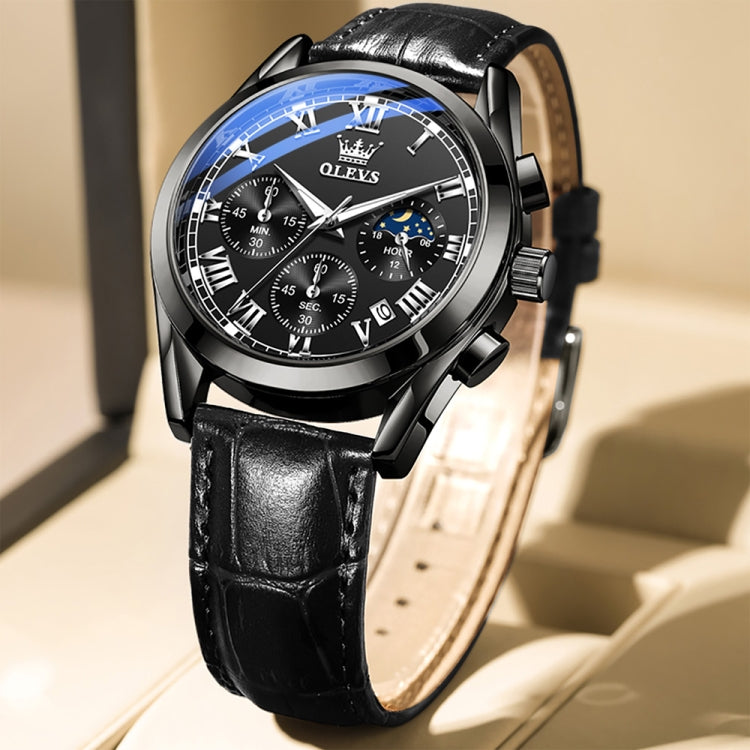 OLEVS 2871 Men Multifunctional Sports Chronograph Luminous Quartz Watch(Black) - Leather Strap Watches by OLEVS | Online Shopping South Africa | PMC Jewellery | Buy Now Pay Later Mobicred