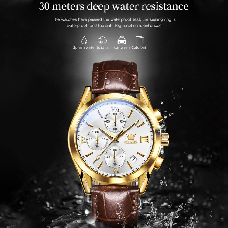 OLEVS 2872 Men Three Eyes Six Needles Chronograph Waterproof Quartz Watch(White + Gold) - Leather Strap Watches by OLEVS | Online Shopping South Africa | PMC Jewellery