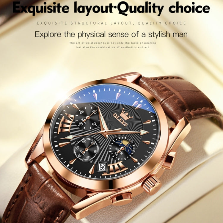 OLEVS 2876 Men Multifunctional Sports Chronograph Quartz Watch(Black + Rose Gold) - Leather Strap Watches by OLEVS | Online Shopping South Africa | PMC Jewellery
