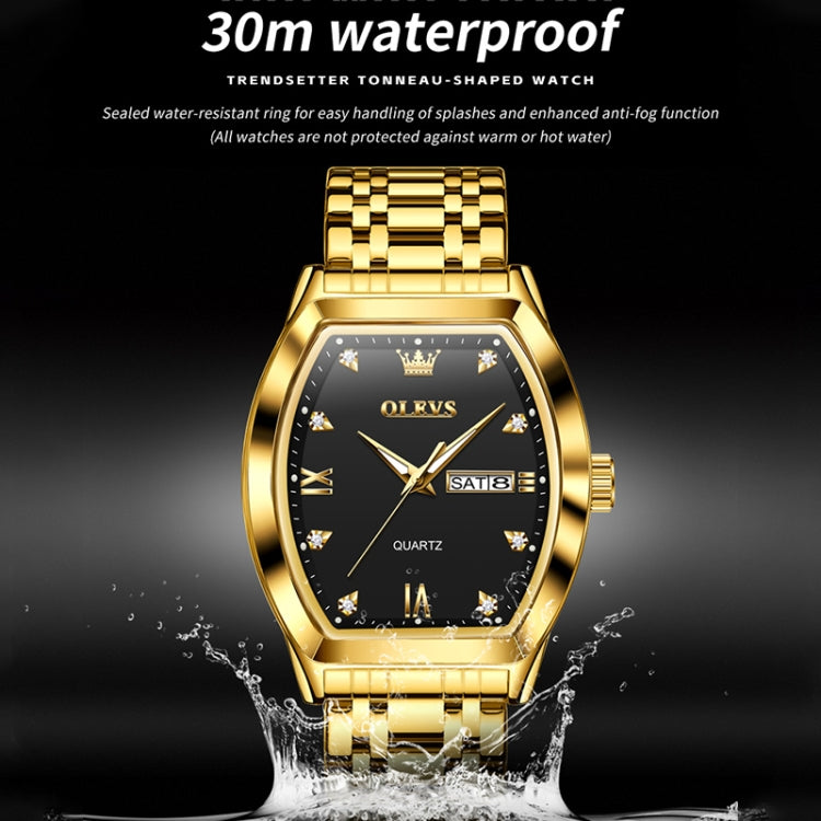 OLEVS 5528 Men Business Dual Calendar Wine Barrel Waterproof Quartz Watch(Black + Gold) - Metal Strap Watches by OLEVS | Online Shopping South Africa | PMC Jewellery