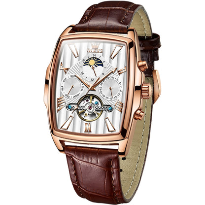 OLEVS 6675 Men Multifunctional Moon Phase Tourbillon Mechanical Watch(White + Rose Gold) - Leather Strap Watches by OLEVS | Online Shopping South Africa | PMC Jewellery