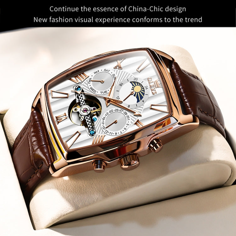 OLEVS 6675 Men Multifunctional Moon Phase Tourbillon Mechanical Watch(White + Rose Gold) - Leather Strap Watches by OLEVS | Online Shopping South Africa | PMC Jewellery