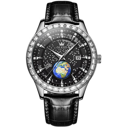 OLEVS 9967 Men Starry Sky Face Diamond Bezel Quartz Watch(Black Leather Strap) - Leather Strap Watches by OLEVS | Online Shopping South Africa | PMC Jewellery