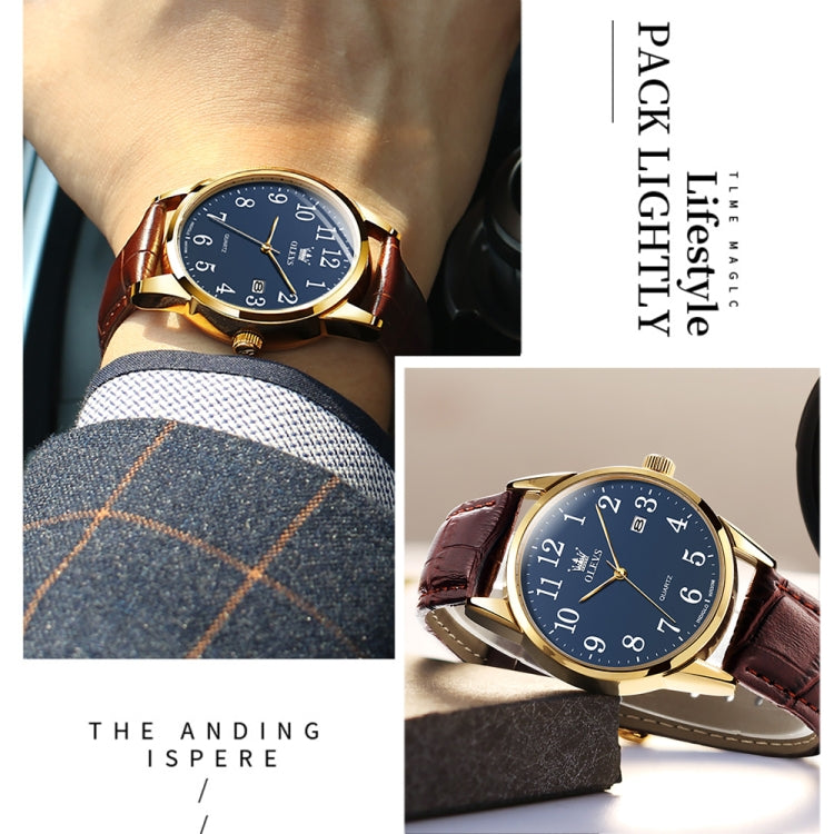 OLEVS 5566 Men Simple Single Calendar Waterproof Quartz Watch(Blue) - Leather Strap Watches by OLEVS | Online Shopping South Africa | PMC Jewellery