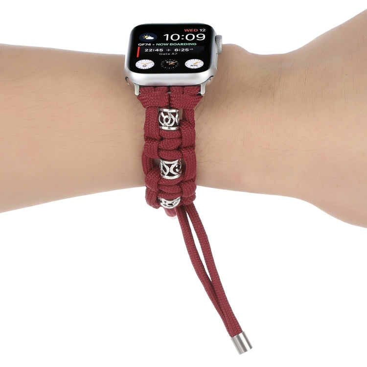 For Apple Watch Series 7 45mm Silk Silver Beads Braided Watch Band(Wine Red) - Watch Bands by PMC TechLife | Online Shopping South Africa | PMC TechLife