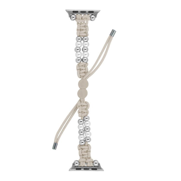 For Apple Watch Series 9 45mm Paracord Row Beads Drawstring Braided Watch Band(White) - Watch Bands by PMC TechLife | Online Shopping South Africa | PMC TechLife
