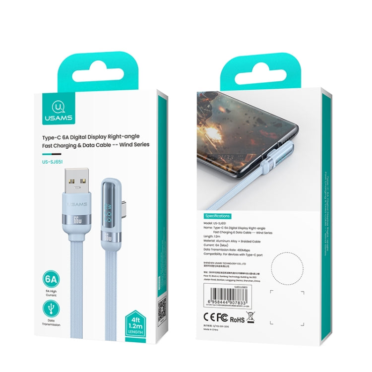 USAMS US-SJ651 6A USB to USB-C/Type-C Aluminum Alloy Digital Display Fast Charging Elbow Data Cable, Length: 1.2m(Black) - USB-C & Type-C Cable by USAMS | Online Shopping South Africa | PMC TechLife | Buy Now Pay Later Mobicred