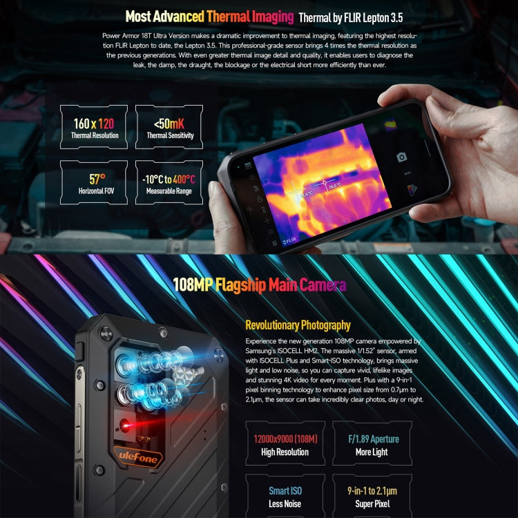 Ulefone Power Armor 18T Ultra Version 5G Thermal Imaging Rugged Phone, 12GB+512GB, Side Fingerprint, 6.58 inch Android 13 MediaTek Dimensity 7050 Octa Core up to 2.6GHz, Network: 5G, NFC, OTG(Black) - Ulefone by Ulefone | Online Shopping South Africa | PMC Jewellery | Buy Now Pay Later Mobicred