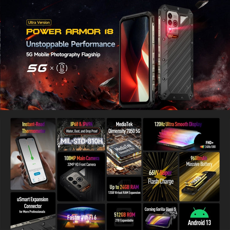 Ulefone Power Armor 18 Ultra Version 5G Thermometer Rugged Phone, 12GB+512GB, Side Fingerprint, 6.58 inch Android 13 MediaTek Dimensity 7050 Octa Core up to 2.6GHz, Network: 5G, NFC, OTG(Black) - Ulefone by Ulefone | Online Shopping South Africa | PMC Jewellery | Buy Now Pay Later Mobicred