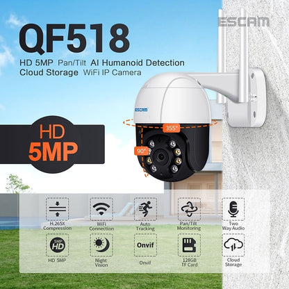 ESCAM QF518 5MP Smart WiFi IP Camera, Support AI Humanoid Detection / Auto Tracking / Dual Light Night Vision / Cloud Storage / Two Way Audio / TF Card, Plug:EU Plug(White) - Dome Camera by ESCAM | Online Shopping South Africa | PMC Jewellery | Buy Now Pay Later Mobicred