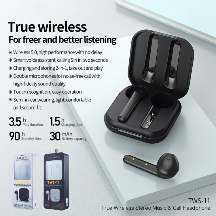 REMAX TWS-11 Bluetooth 5.0 True Wireless Bluetooth Stereo Music Earphone with Charging Box(Black) - TWS Earphone by REMAX | Online Shopping South Africa | PMC Jewellery