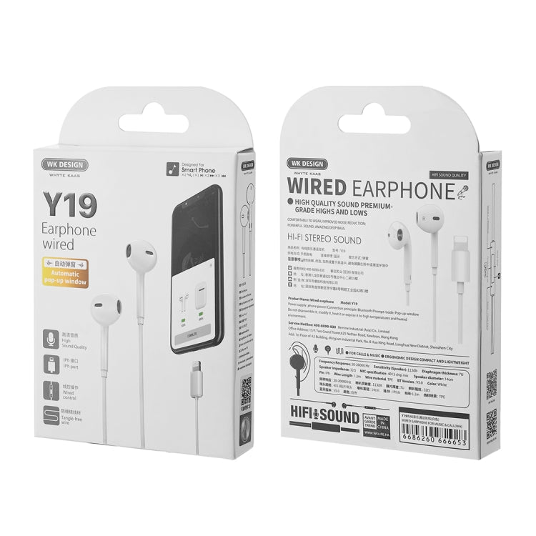 WK Y19  8 Pin In Ear Wired Control Music Earphone, Support Call, Cable Length: 1.2m (White) - In Ear Wired Earphone by WK | Online Shopping South Africa | PMC Jewellery